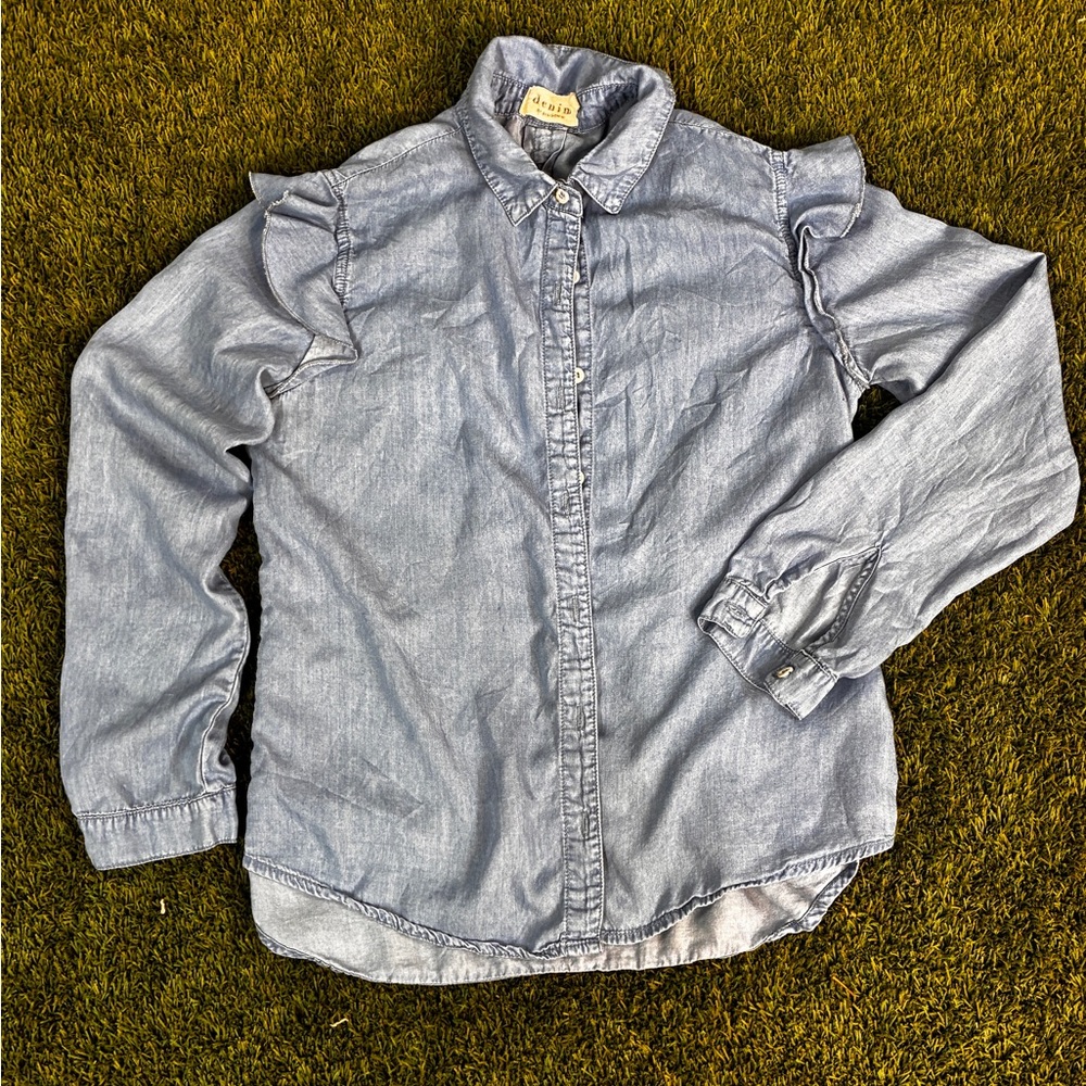 Madewell Denim Blue Ruffle Button Down Shirt